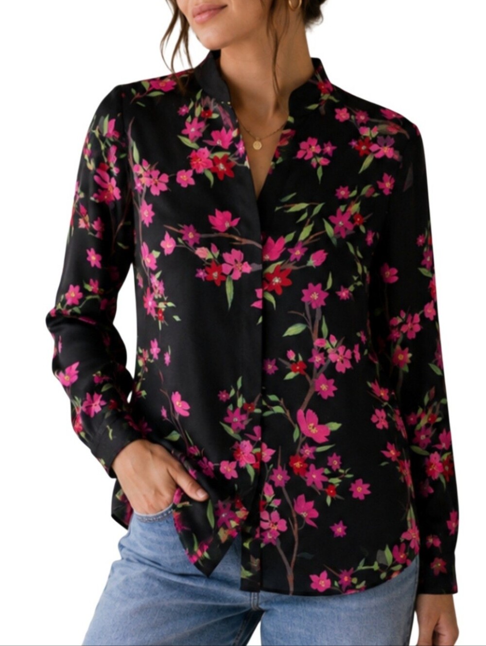 0177 Alice + Olivia Black Pink Floral Silk Blouse Small Long Sleeve Quiet Luxury